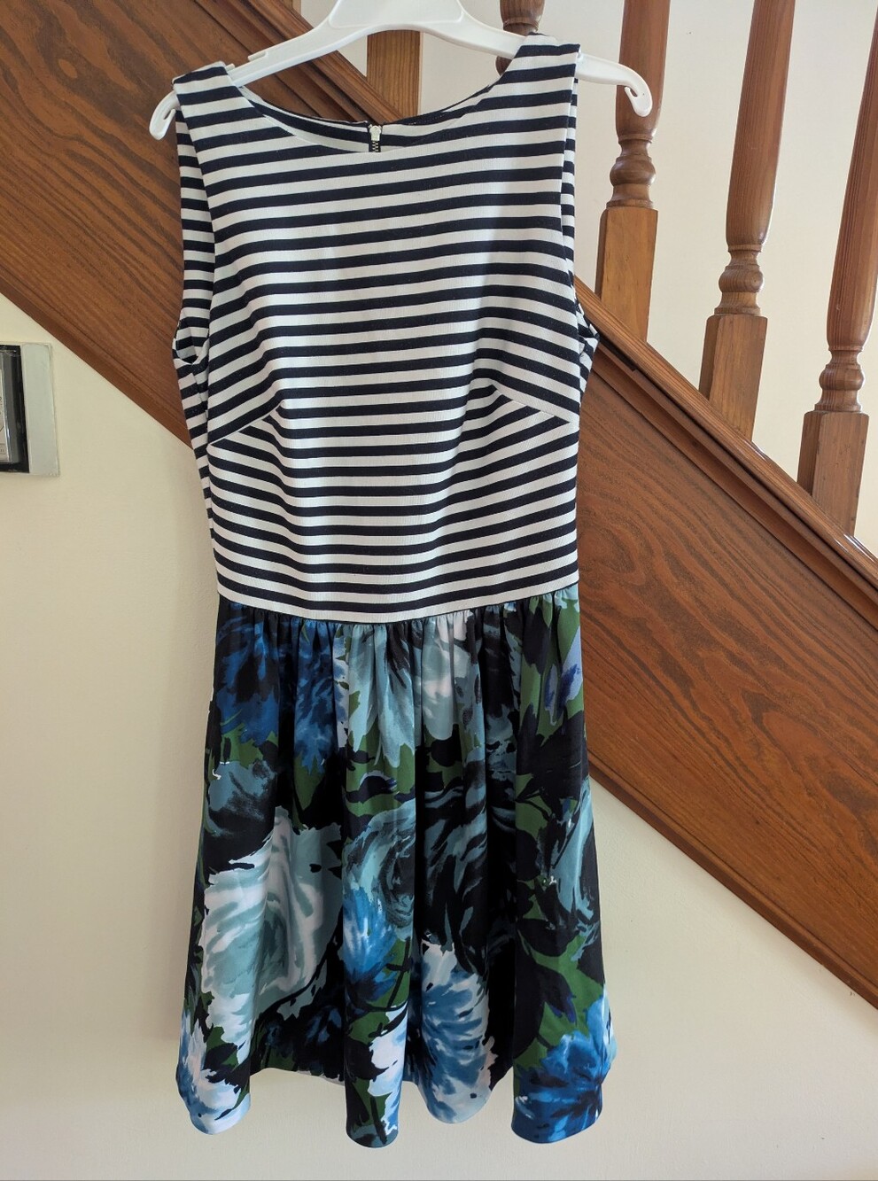 dressbarn Navy & White Striped Bodice with Blue Floral Skirt Dress